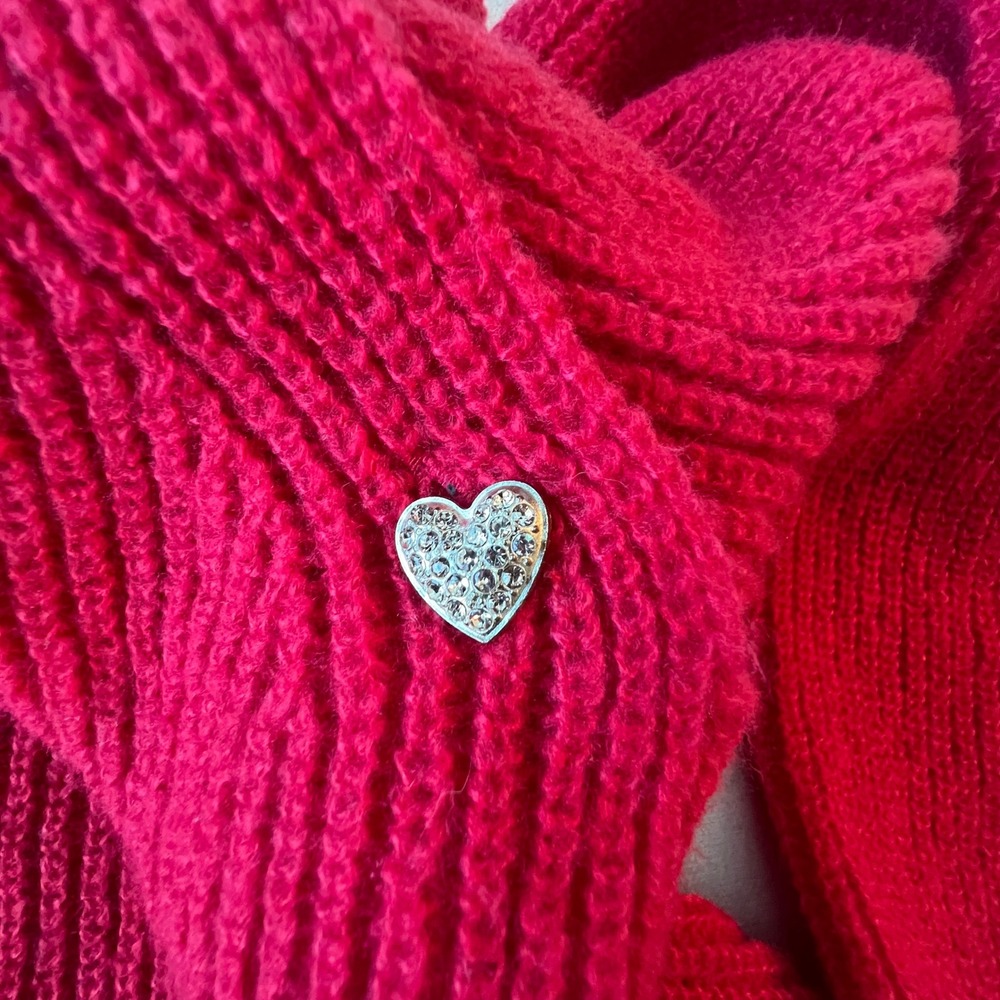 Women's Red Ribbed Knit Sweater with Lace Collar and Rhinestone Heart Buttons‎ - Picture 7 of 10